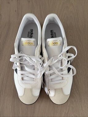 adidas VL Court 2.0 White Sneakers with Black Stripes and Gold Logo Accents